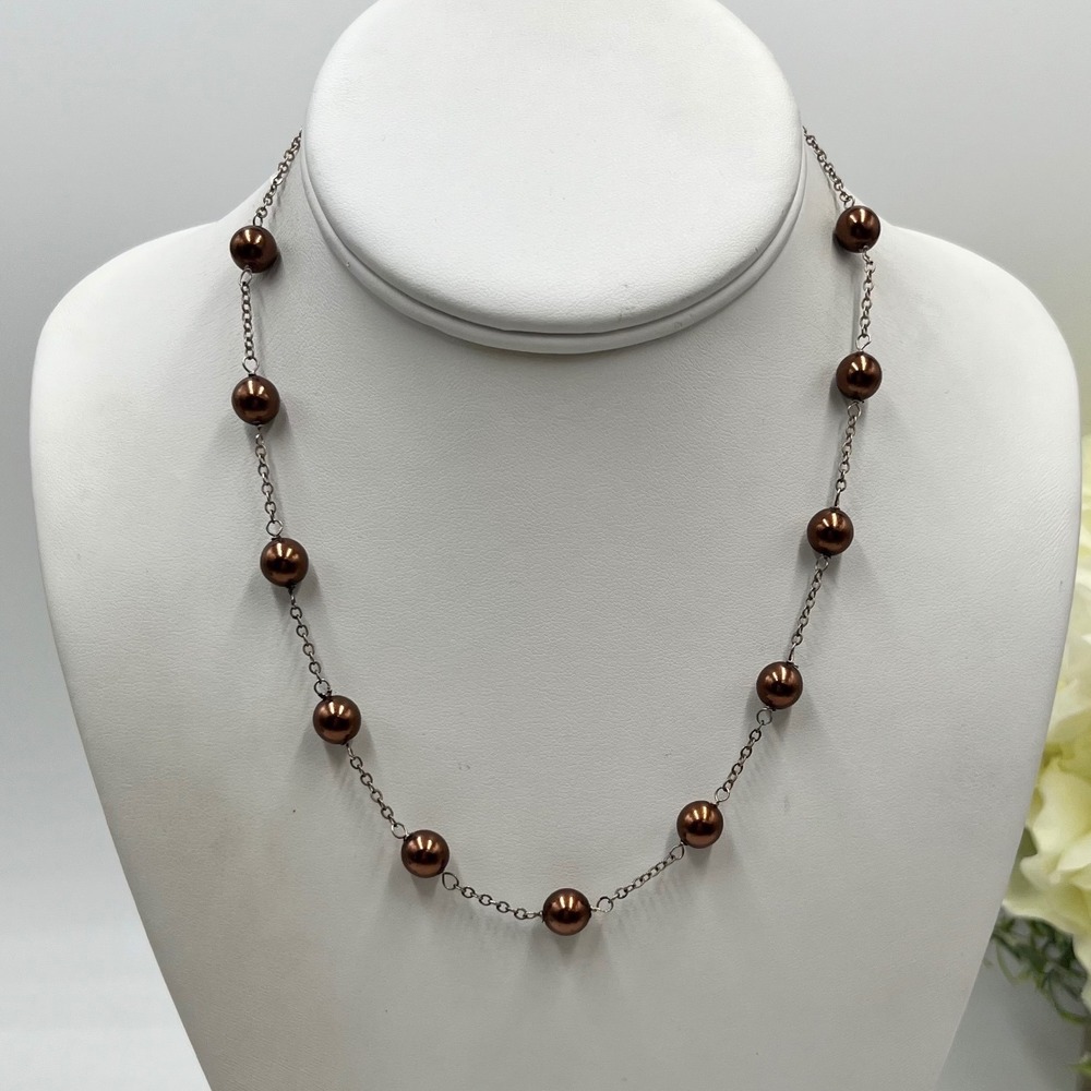 Round Chocolate Brown Freshwater Tin Cup Pearl Sterling Silver Link Necklace 16"
